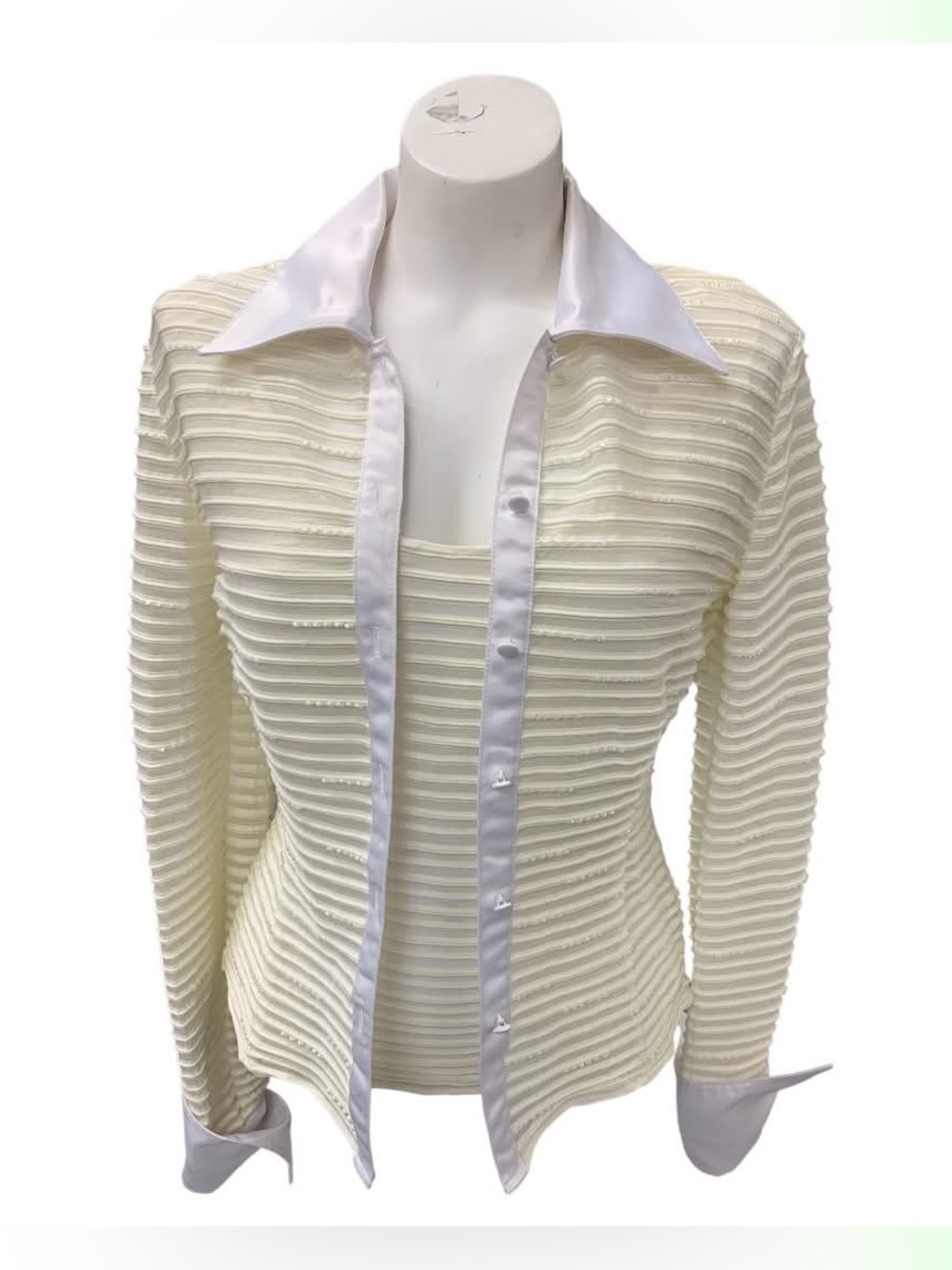 JS Collections Cream Ribbed Button-Front Top with Satin Trim Size S